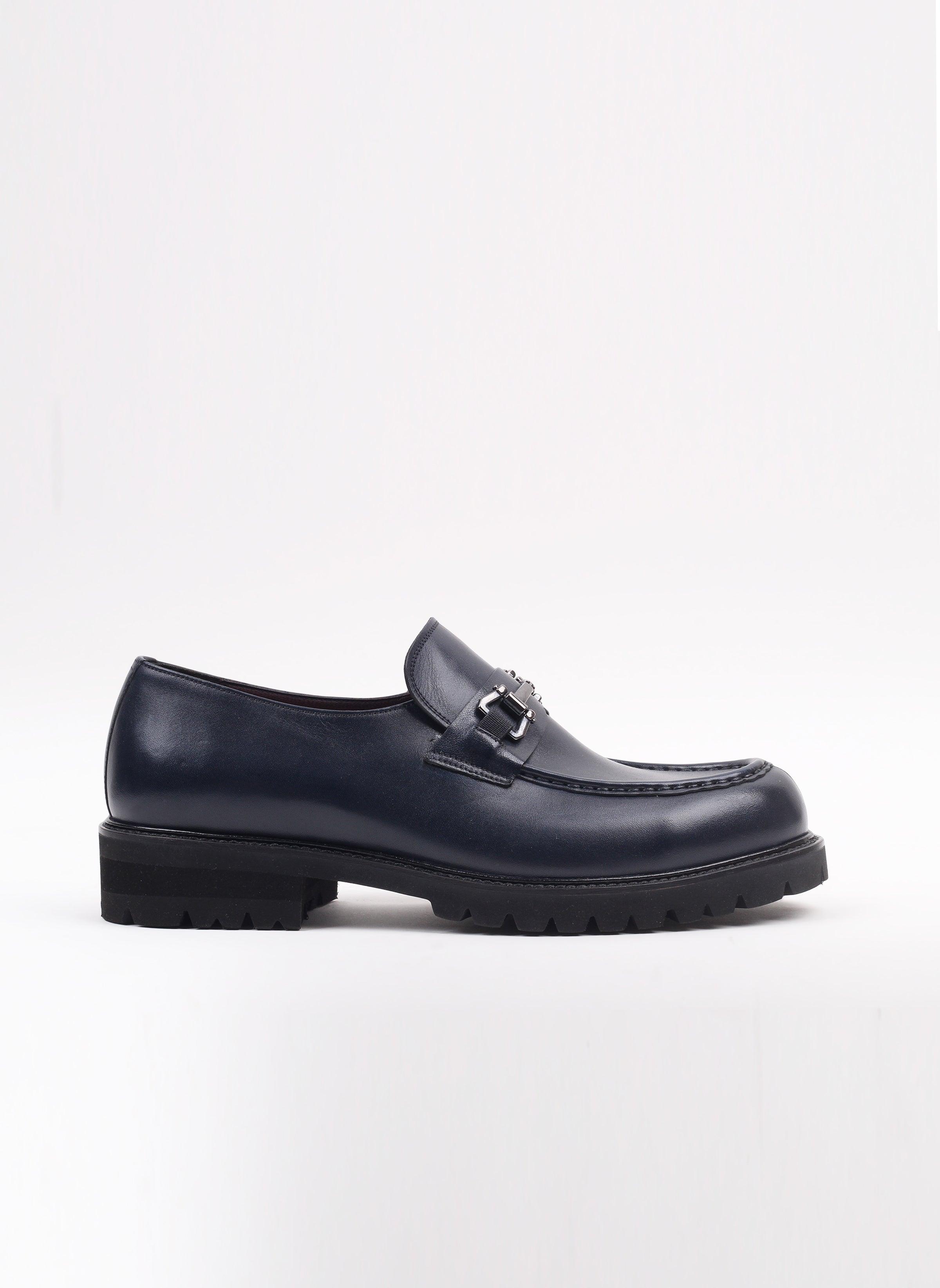 Lacivert Garni Tokalı Antik Deri Loafer Ayakkabı - Oggi Shoes
