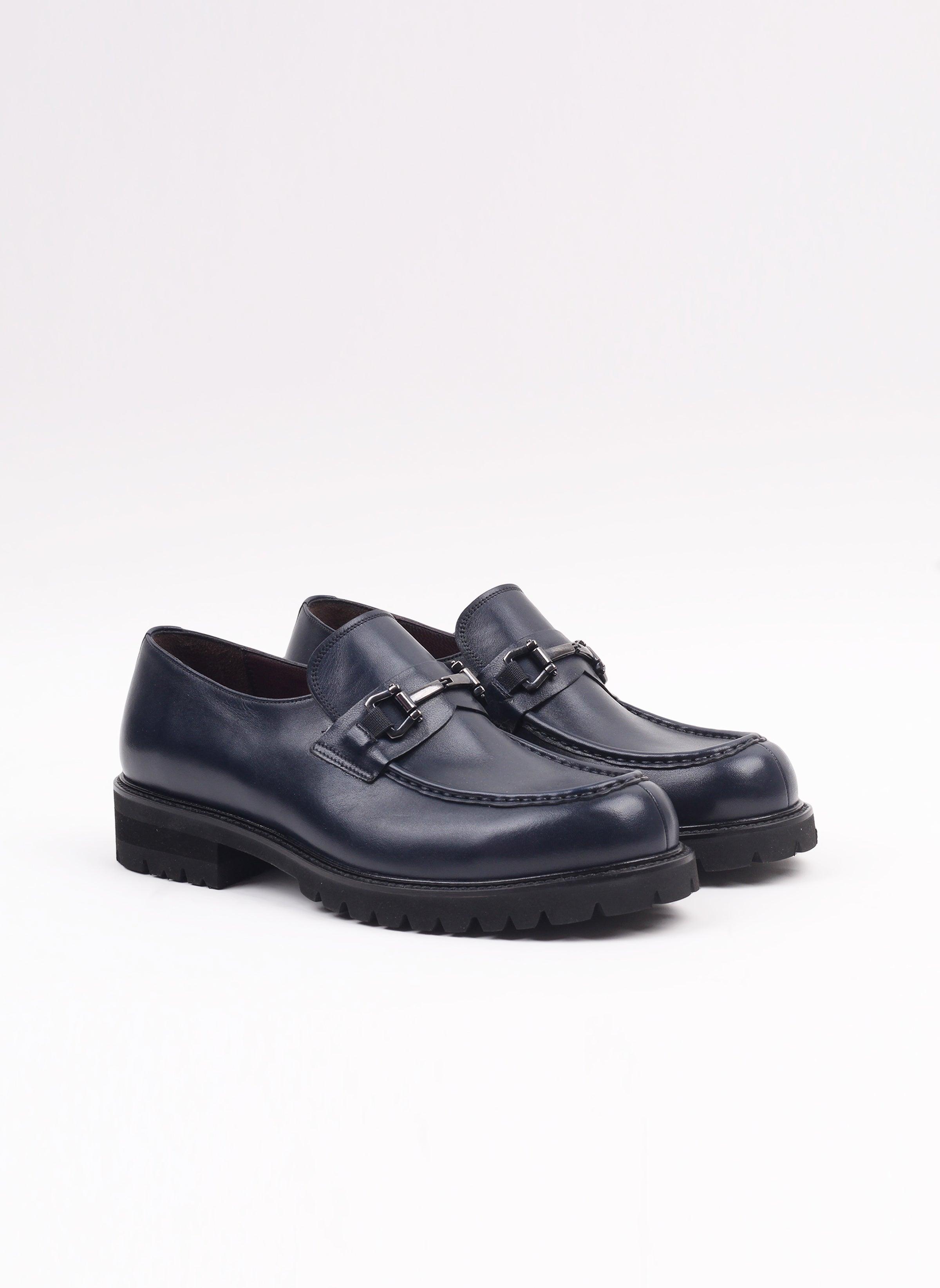 Lacivert Garni Tokalı Antik Deri Loafer Ayakkabı - Oggi Shoes